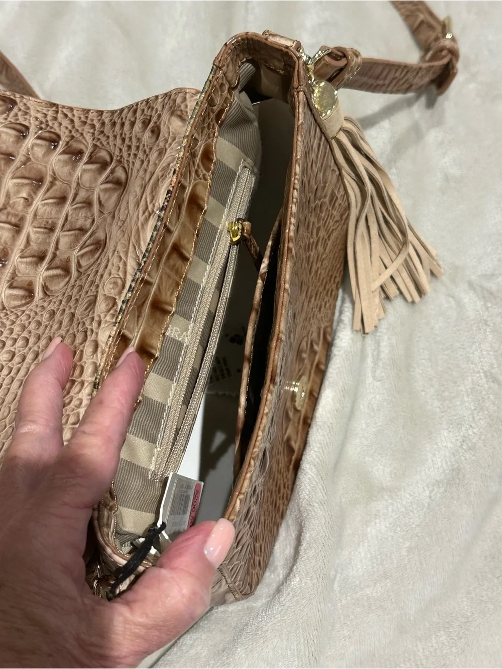 Brahmin Taupe Croc-Textured Crossbody with Snakeskin Flap